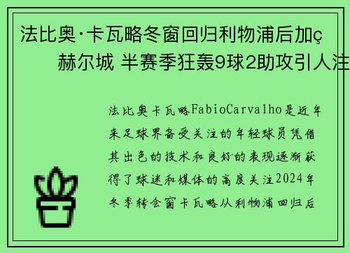 法比奥·卡瓦略冬窗回归利物浦后加盟赫尔城 半赛季狂轰9球2助攻引人注目