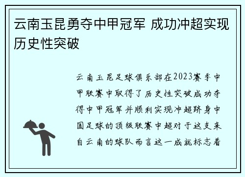 云南玉昆勇夺中甲冠军 成功冲超实现历史性突破